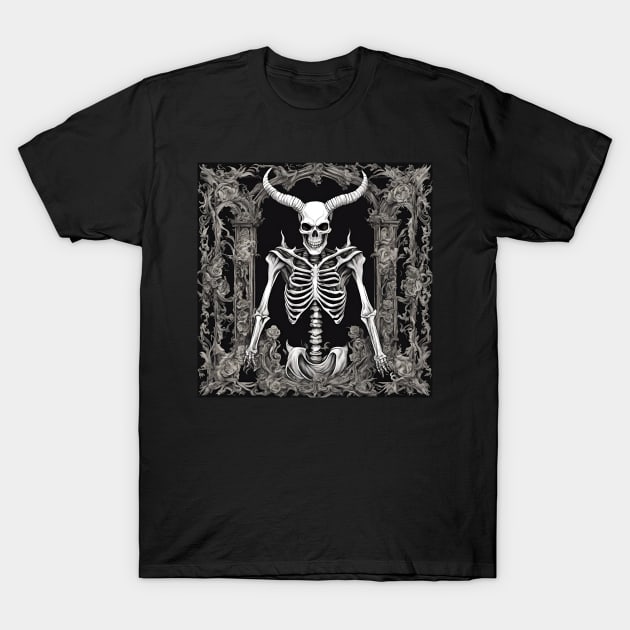 Skeleton With Horns and Gothic Background T-Shirt by Rebel Merch